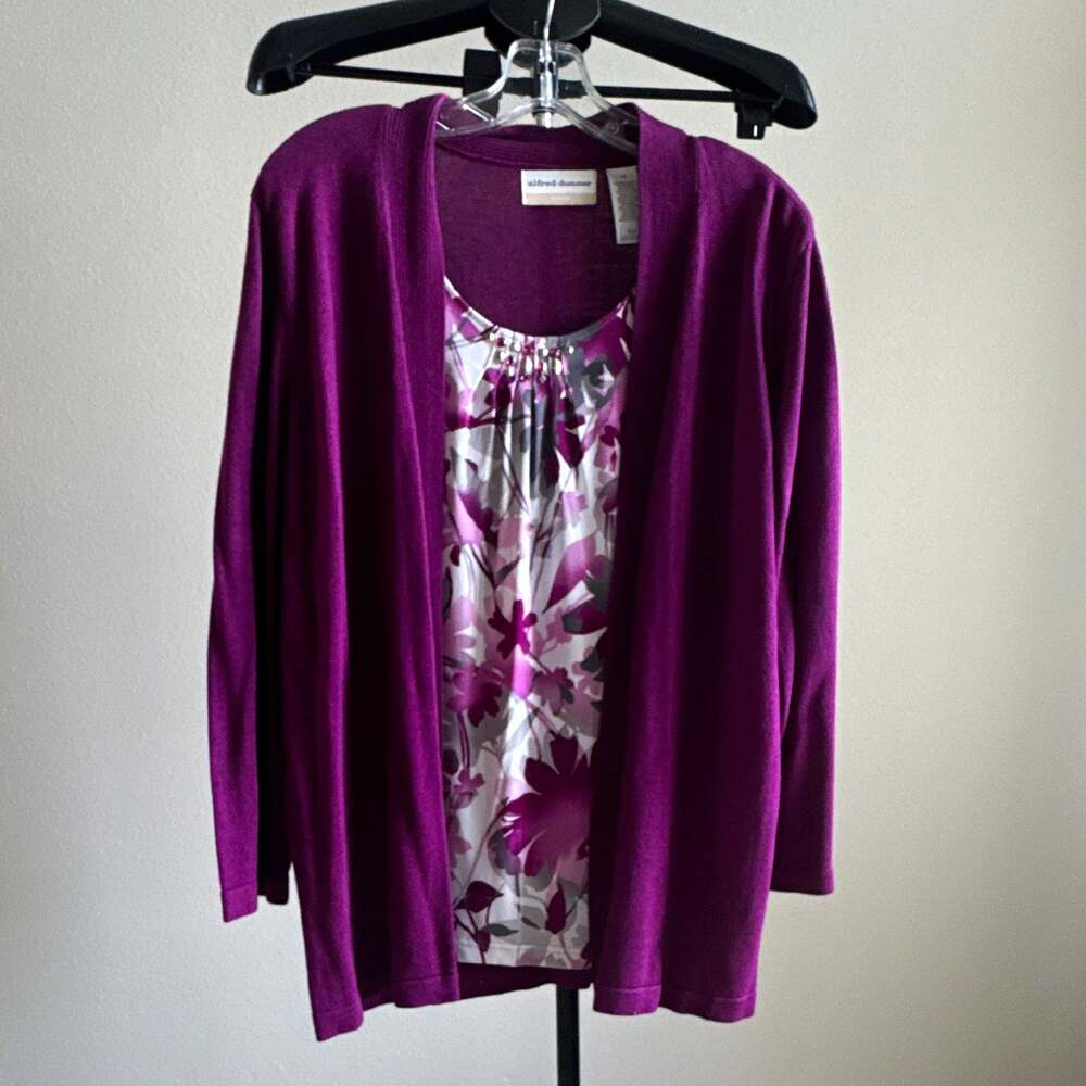 Alfred Dunner Purple Floral Knit Beaded Neck 3/4Sleeve Top Plus 1X built in tank